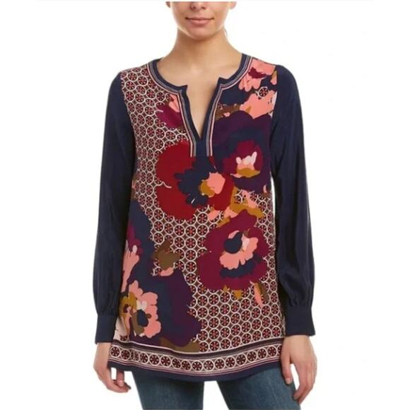 Trina Turk Lotta Silk Tunic Top Geo & Floral Print Navy Purple Coral NWT XS - Picture 1 of 6